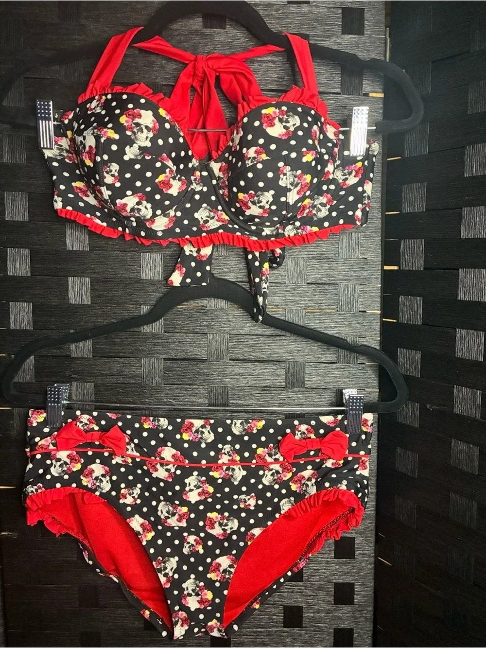 Hot Topic Black and Red Floral Polka Retro High-Waist Bikini Set